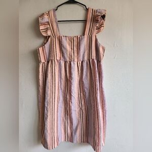 Women's medium 100% cotton smock dress ruffle sleeveless pink vertical striped